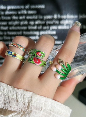 潮流田园风绿叶彩釉花朵气质开口戒指女复古新中式轻奢时尚食指戒