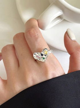 不规则爱心彩钻锡纸纹理开口戒指女轻奢小众ins简约高级感食指戒