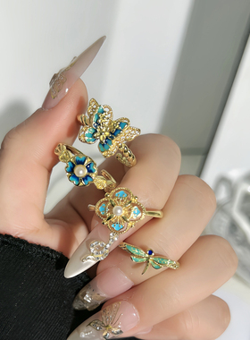 古法镂空渐变珐琅蝴蝶蜻蜓小众戒指女个性冷淡风复古花朵时尚指环