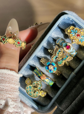 金辉鎏彩中古风彩色珐琅蝴蝶花朵开口戒指女时尚小众气质轻奢指环