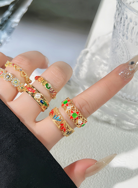 中古国潮风珐琅镂空时尚几何眼睛戒指可调节高级感简约百搭指环潮