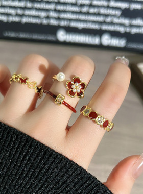 时髦复古安可拉红滴釉质感显白几何花朵开口戒指女小众轻奢指环潮