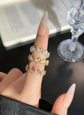 森系冷淡风气质蝴蝶珐琅碎钻开口戒指女小众高级感时尚甜酷指环潮