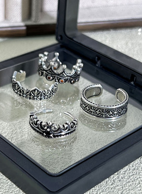 欧美复古皇冠鸢尾花朋克做旧开口戒指女嘻哈小众个性简约百搭指环