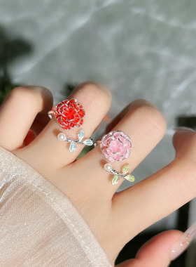 国潮风立体玫瑰花夏日氛围感精致开口戒指女独特个性甜酷百搭指环