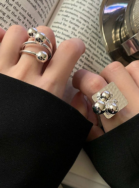 韩版简约线条圆球戒指女复古个性时尚方牌交叉开口指环嘻哈食指戒