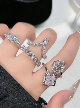 复古粉色滴釉四叶草拉丝轻奢ins开口戒指女花朵锆石时尚简约指环