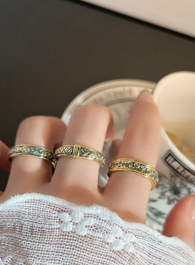 金色复古金钱花纹简约时尚开口戒指女小众设计气质叠戴新中式指环