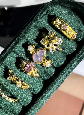 宫廷风意大利织纹雕金拉丝鸢尾花轻奢戒指女冰透葫芦粉钻甜酷指环