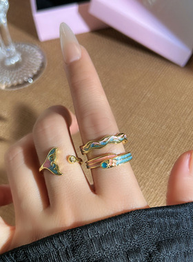 清新梦幻风渐变粉蓝珐琅鱼尾甜酷开口戒指女气质小众时尚百搭指环