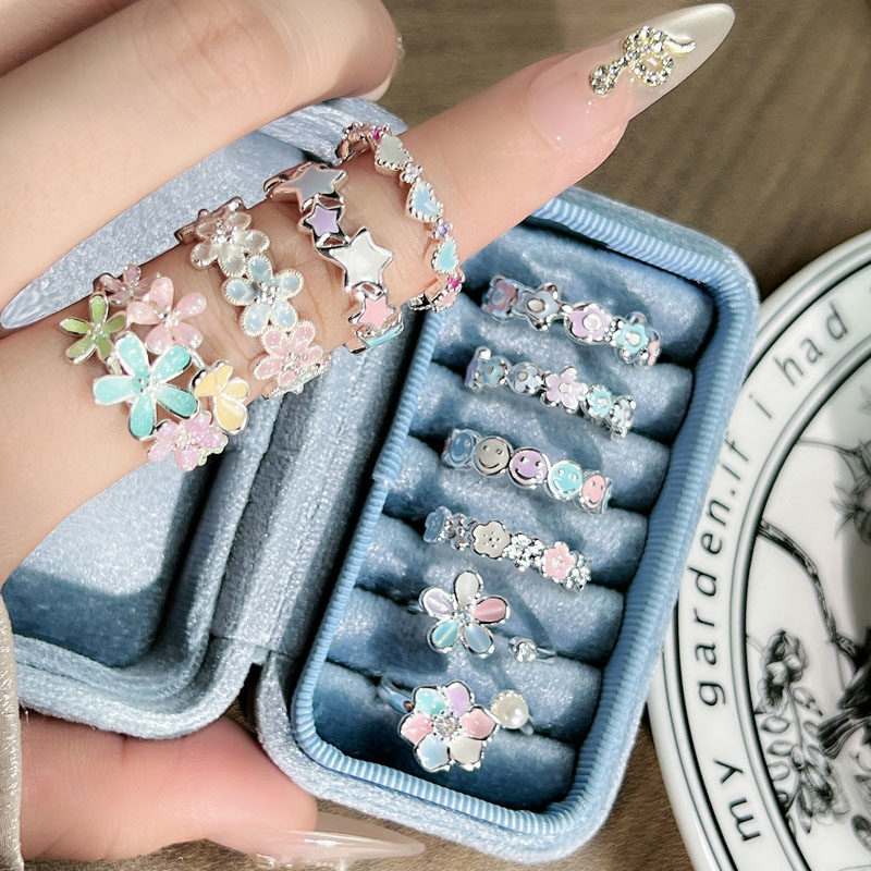 新款夏日多巴胺炫彩珐琅花朵甜美戒指女叠戴温柔风轻奢小众配饰潮