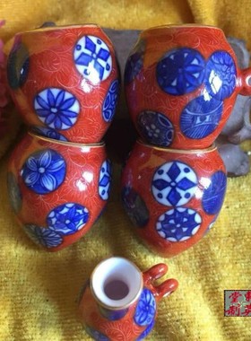 重工精品青花皮球花扒花顶烧釉口包本金红色和黄色修眼红子缸
