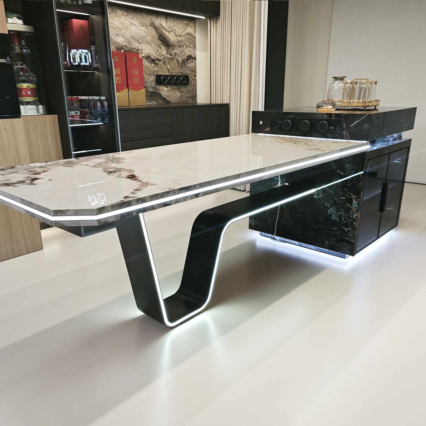 福居坊全岩板岛台餐桌一体可伸缩