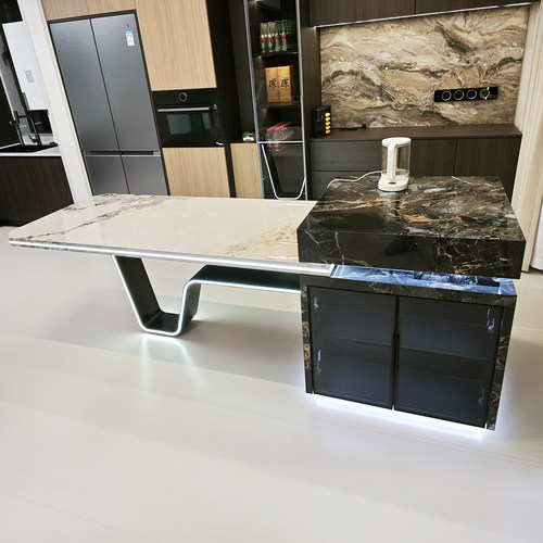 福居坊全岩板岛台餐桌一体可伸缩