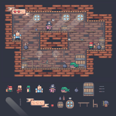 海盗炸弹RPG像素游戏地图角色素材包小空间方格子冒险投掷闯关