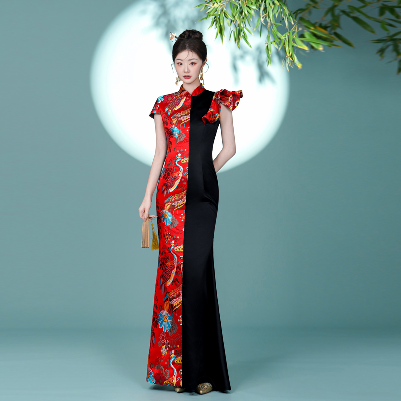 高端走秀改良旗袍2025新款国风中式演出服女端庄修身年会礼服鱼尾
