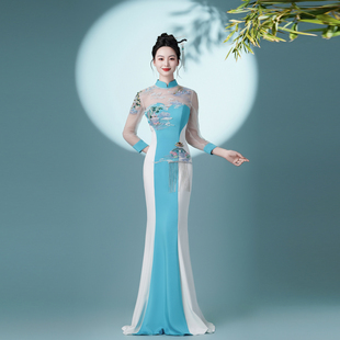 高端主持人晚礼服2025年新款轻奢鱼尾新中式古筝重工艺考独唱演出