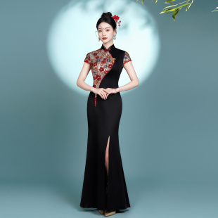 2026新款 高端走秀旗袍裙中国风黑色气质开叉显瘦舞台演出宴会礼服