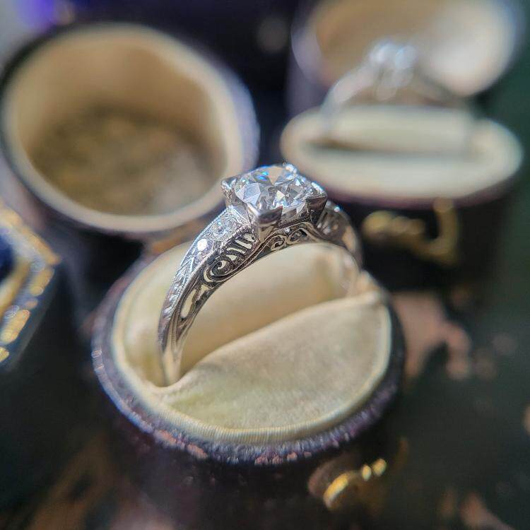 美国代购Antique▼古着1910s爱德华时代欧洲艺术铂金钻石订婚戒指