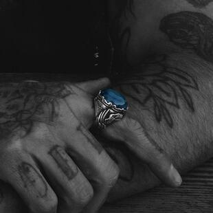 土耳其代购Jewelry㊣ 手作华丽蓝龙脉玛瑙宝石镶嵌纯银羽毛戒指