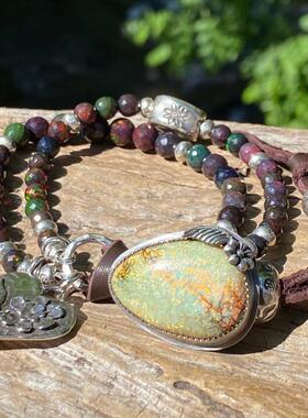 纯银波西米亚蛋白石纽扣鹿皮手链