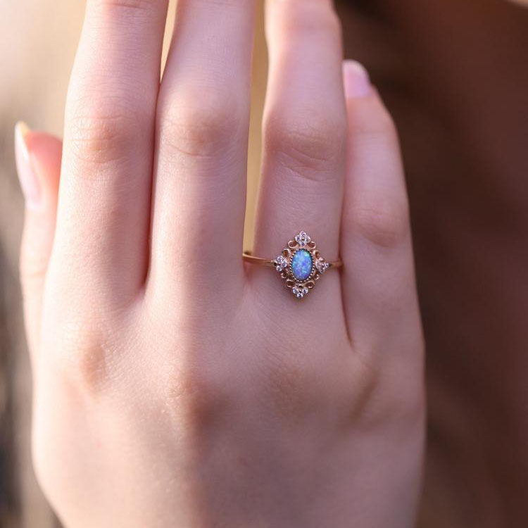 美国代购Wedding 手作迷人精美天然白金蓝色蛋白石结婚订婚戒指