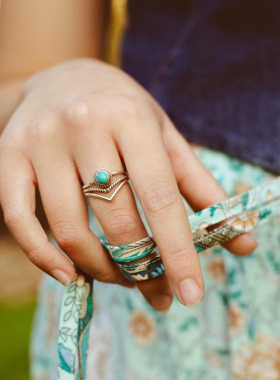 纯银波西米亚天然绿松石戒指镶嵌