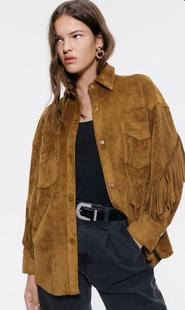 英国代购 手作波西米亚风棕色柔软绒面革麂皮流苏短外套 Jacket㊣