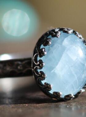 纯银蓝色海蓝宝石戒指皇冠镶嵌