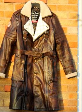 英国代购Overcoat◇手作保暖真毛领真皮牛皮男士长外套风衣皮衣