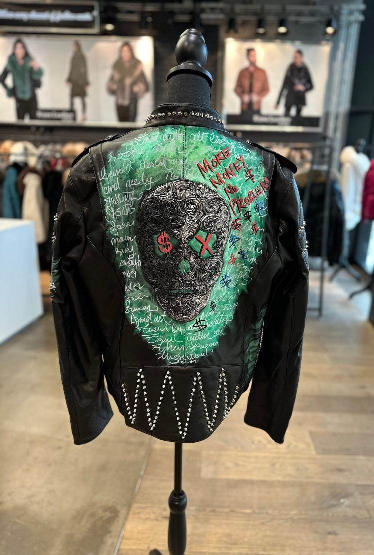 美国代购Jacket㊣ 手作哥特手绘骷髅字母小羊皮男士机车夹克皮衣