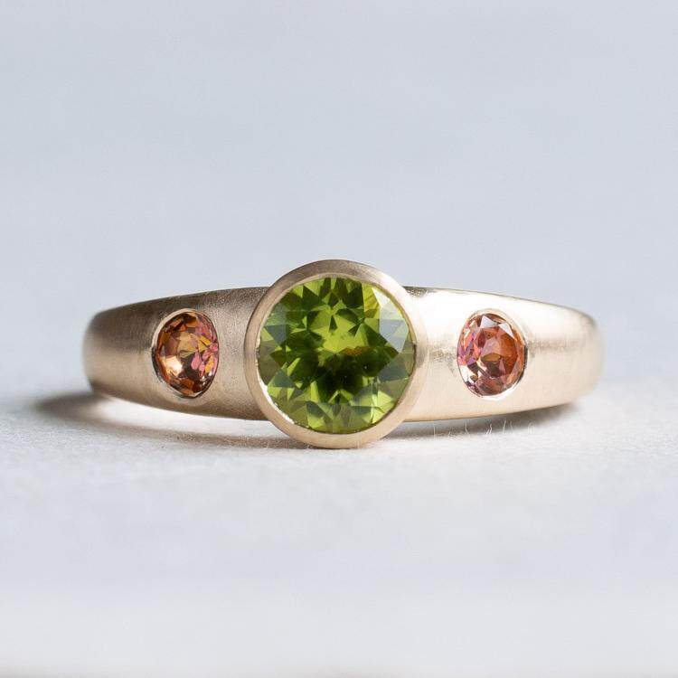 美国代购Gold◇手作华丽橄榄石托帕石三石宝石镶嵌14K纯黄金戒指