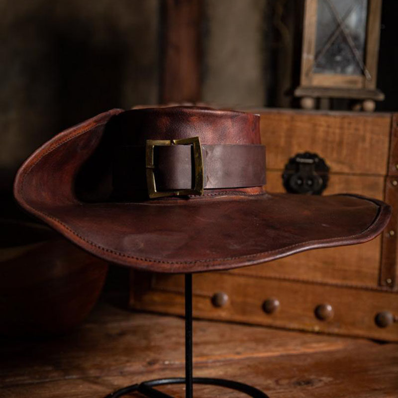 德国代购Cowhide◇手作棕色皮革耐用牛皮真皮金色扣皮带宽边帽子