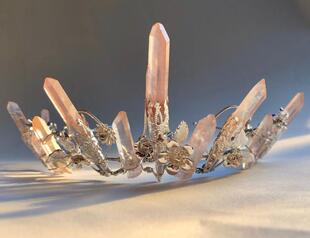 Crown∞手作精美天然粉红石英水晶叶子花朵新娘头饰皇冠 英国代购