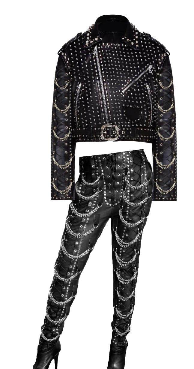 泰国代购Suit∞手作复古朋克银色铆钉链子真皮夹克皮衣裤子套装