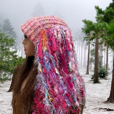 粉色流苏帽长款波西米亚嬉皮帽