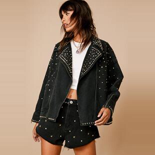 美国代购 手作哥特朋克铆钉镶嵌翻领牛仔机车夹克短外套 Jacket㊣