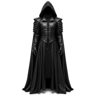 Cloak◇手作中世纪黑色真皮铆钉系带连帽斗篷夹克皮衣 美国代购
