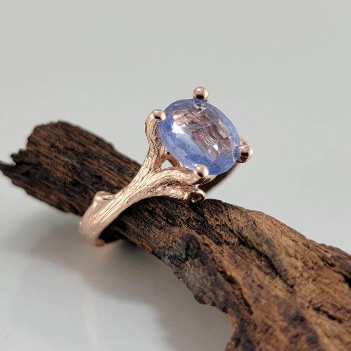 美国代购Sapphire◇手作14K玫瑰金蓝色椭圆形蓝宝石树枝订婚戒指