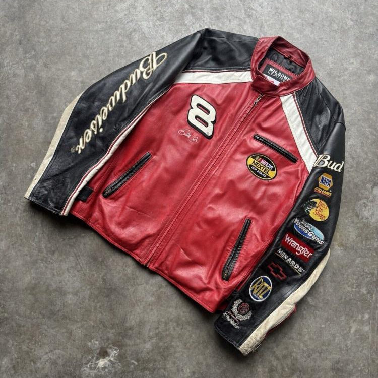 美国代购Leather ▼古着90年代皮革刺绣徽标摩托车手赛车夹克皮衣