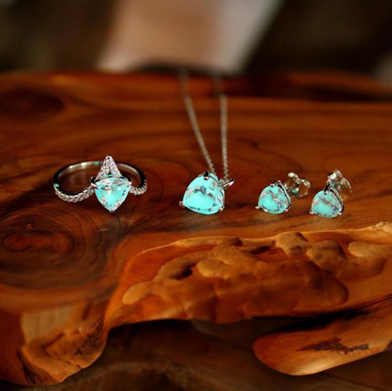 加拿大代购Zirconia◇手作方晶锆石925纯银夜光项链耳环套装戒指