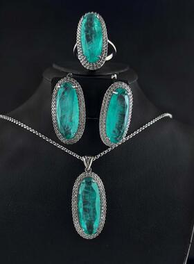 土耳其代购Jewelry㊣ 手作绿色帕拉伊巴碧玺纯银耳环项链戒指套装