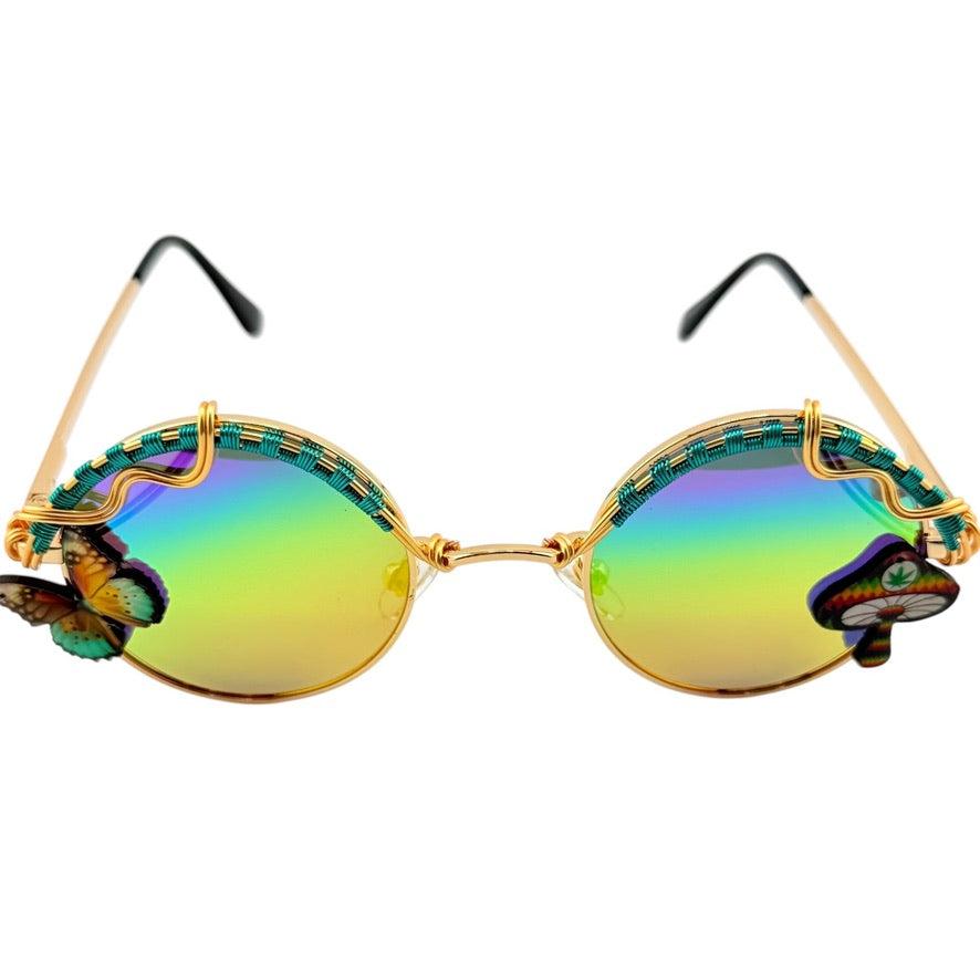 美国代购Glasses 手作金属线编织缠绕蝴蝶蘑菇装饰炫彩反光太阳镜