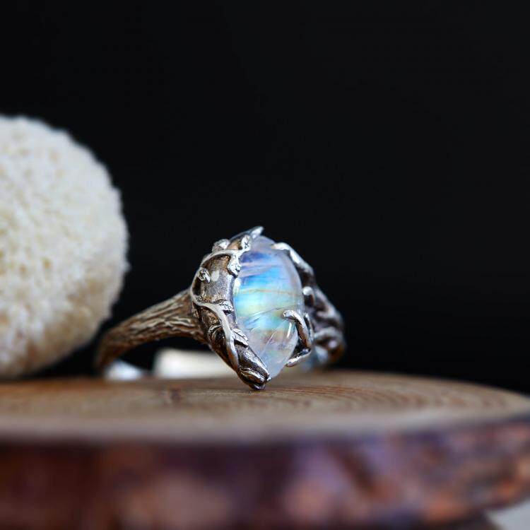 波兰代购moonstone㊣ 手作波西米亚风闪亮天然月光石氧化纯银戒指