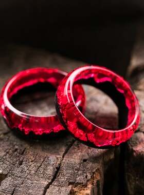 美国代购Red◇手作秘密森林风景红色树脂木制情侣对戒结婚戒指
