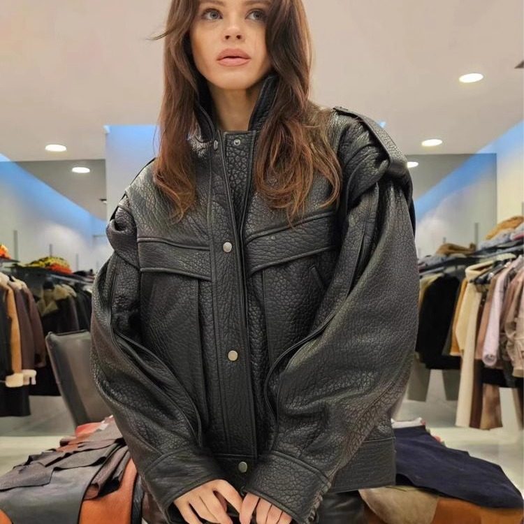 美国代购Jacket ㊣ 手作简约复古黑色皮革摩托机车飞行员夹克皮衣