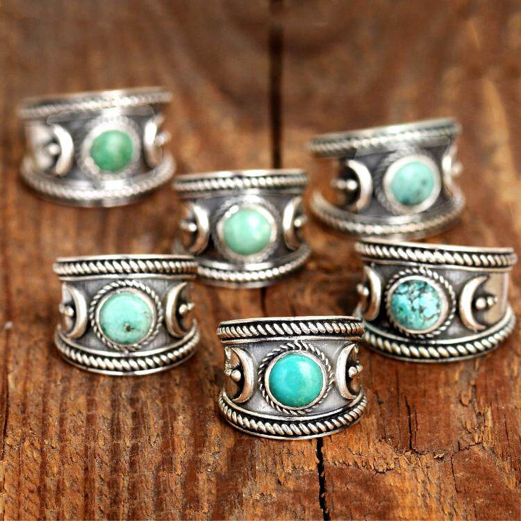 美国代购Turquoise㊣ 手作波西米亚风天然绿松石镶嵌开口纯银戒指