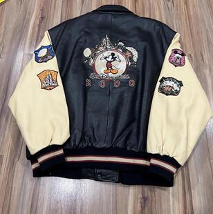 美国代购 古着收藏卡通米老鼠补丁拼接皮革机车夹克外套 Jacket㊣