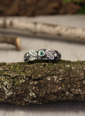 纯银复古祖母绿镶嵌宝石橡树戒指