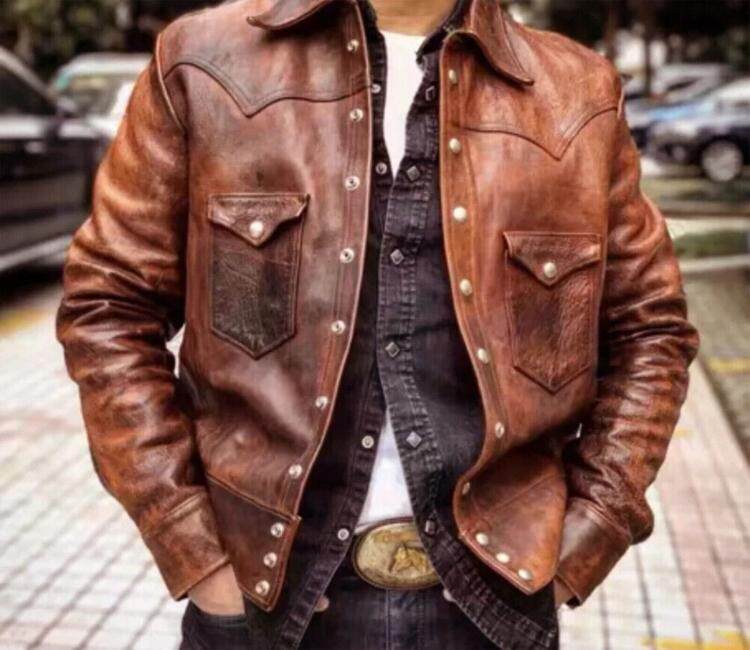 美国代购Jacket㊣  手作棕色仿旧皮夹克修身摩托车骑士飞行员皮衣